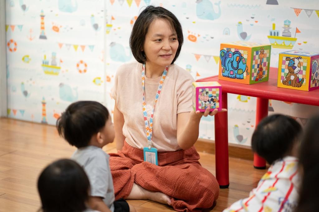 Children at a clean, bright preschool classroom